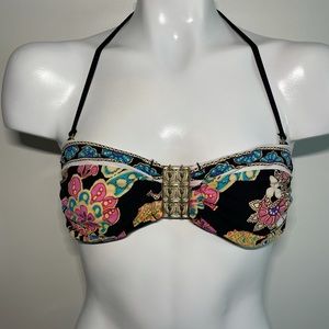 Trina Turk 🌺 Floral Swimsuit Bandeau Bikini Top Gold Accent Hardware Size 4